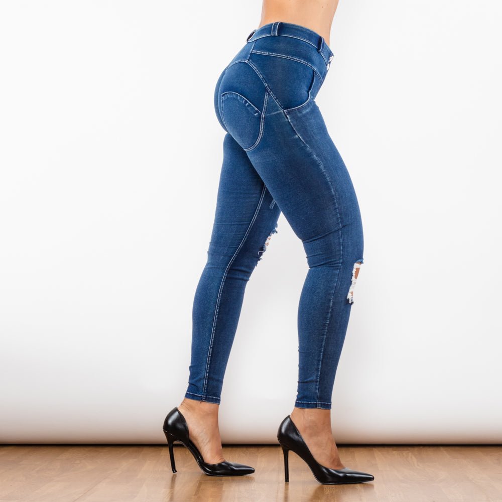 Ripped Mid Waist Shaping Pants - Dark Blue Denim – Melody South Africa
